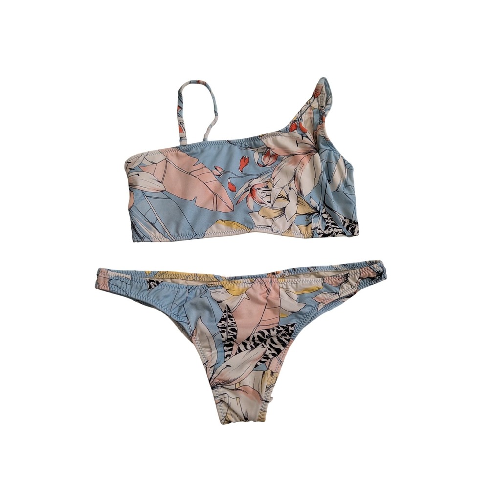 Taj by Sabrina Palm Sky Tropical One Shoulder Bikini Set Blue Small NEW Beach